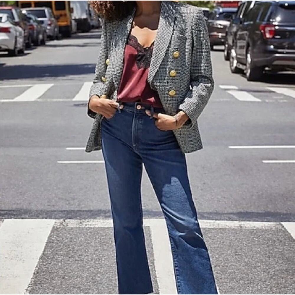 EXPRESS Double Breasted Tweed Boucle Houndstooth Blazer Gold Buttons Sz XS {D50}